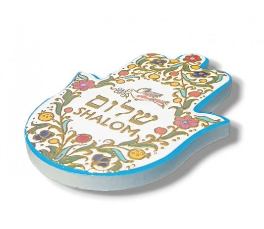 Ceramic "Shalom" Hamsa Magnet with Dove and Pomegranates