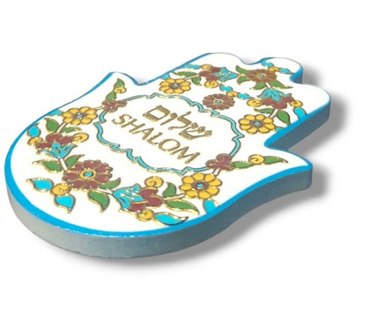 Ceramic "Shalom" Hamsa Magnet with Floral Border