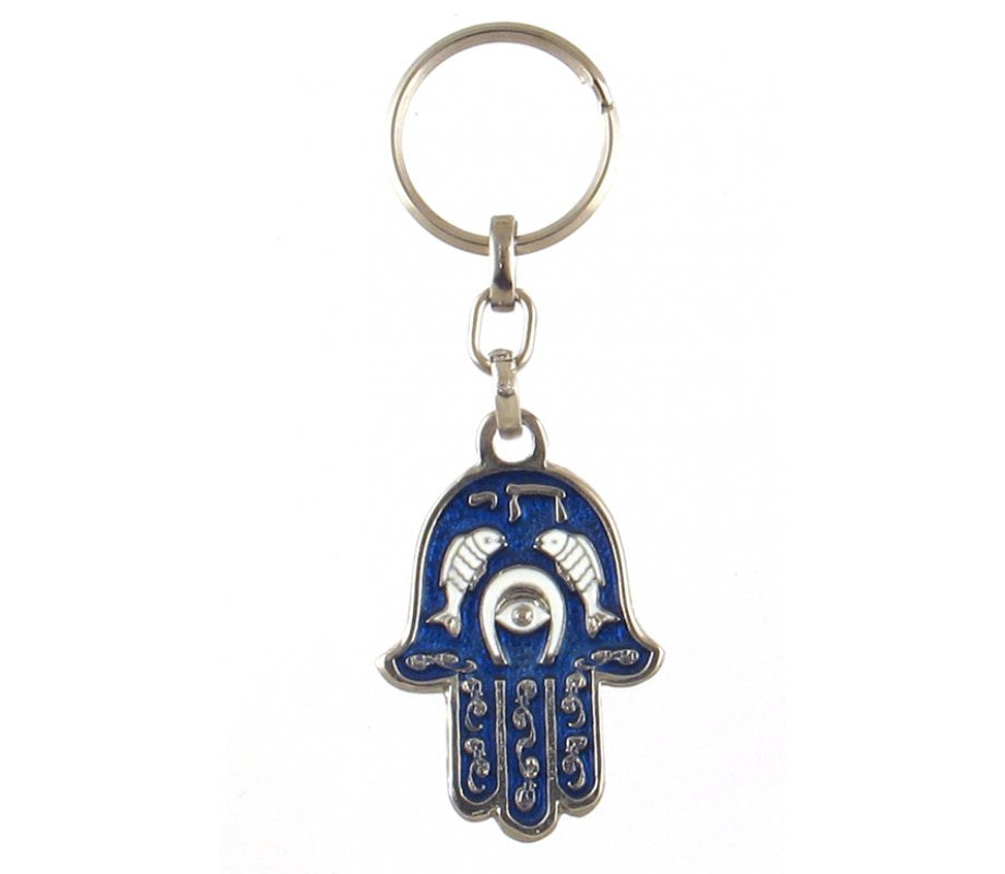 Blue Hamsa Keychain with Fish, Horseshoe and Hebrew "Chai"
