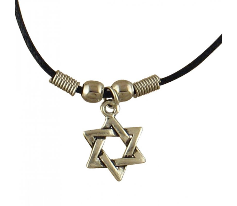 Rhodium Star of David & Decorative Beads on Black Cord Necklace