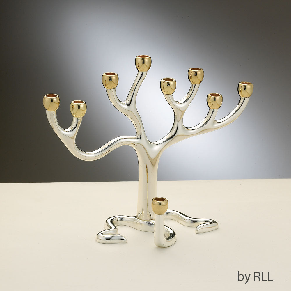 A silver Menorah with gold tone cups in the shape of a tree with multiple branches, standing on a flat base.