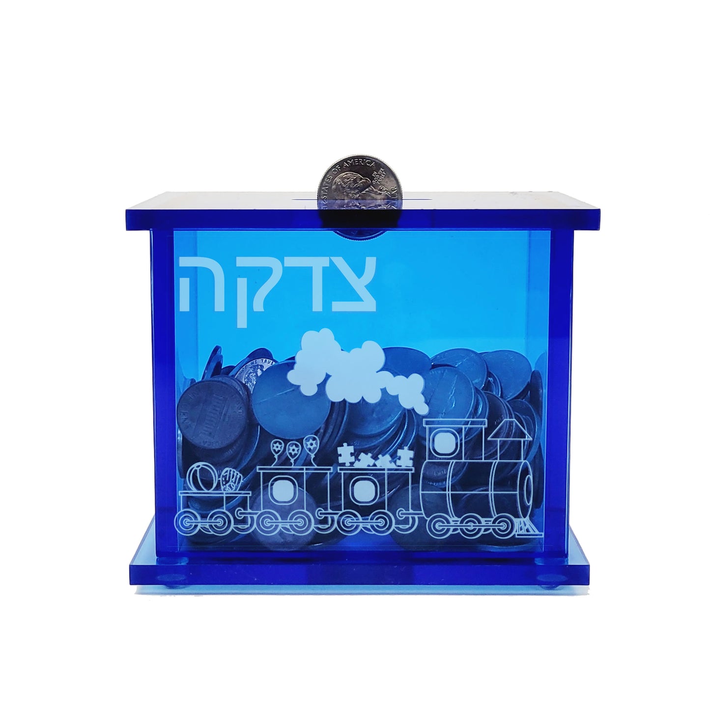 Blue Acrylic Tzedakah Box with Train Design