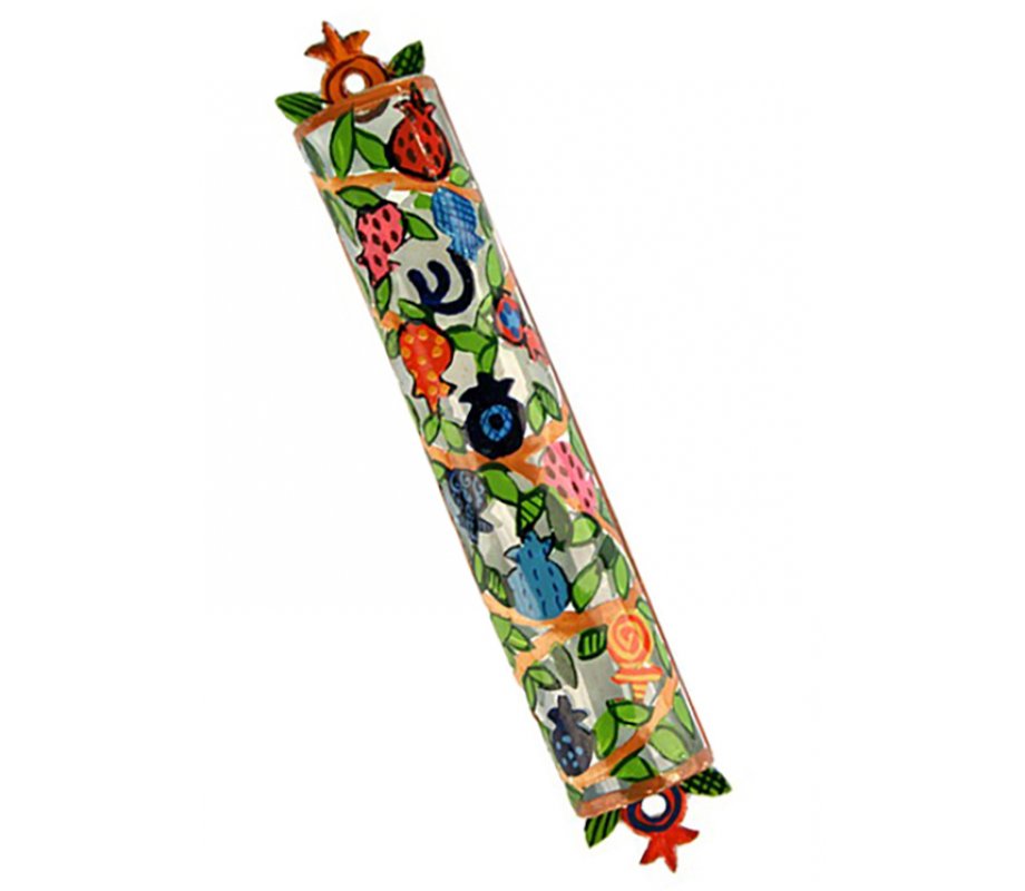 Hand Painted Laser Cut Metal Mezuzah Case (Pomegranates)