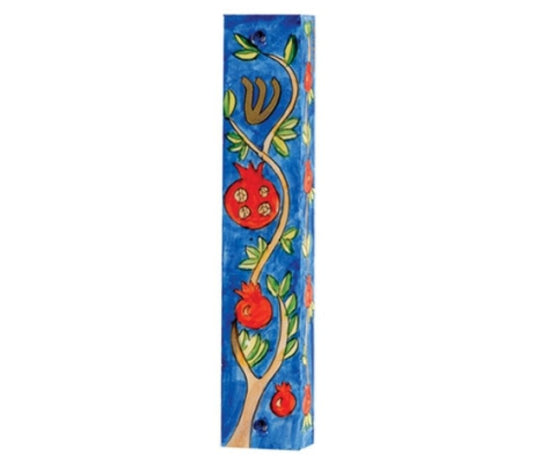 Hand Painted Wood Mezuzah Case - Pomegranates on Blue