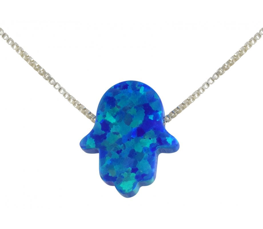 Blue Opal Hamsa Necklace on Sterling Silver Chain